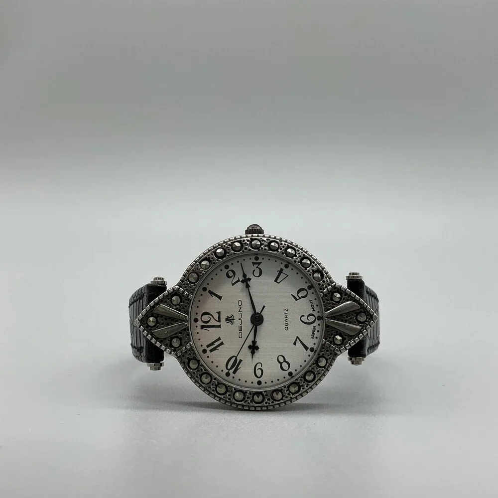 Dejuno Womens Watch 31mm Silver Tone Black Leather Dress Classic New Battery